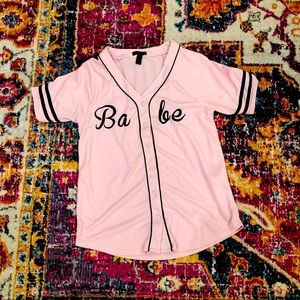 Forever 21 “Babe” Baseball Softball Jersey Light Pink & Black Button Front EUC